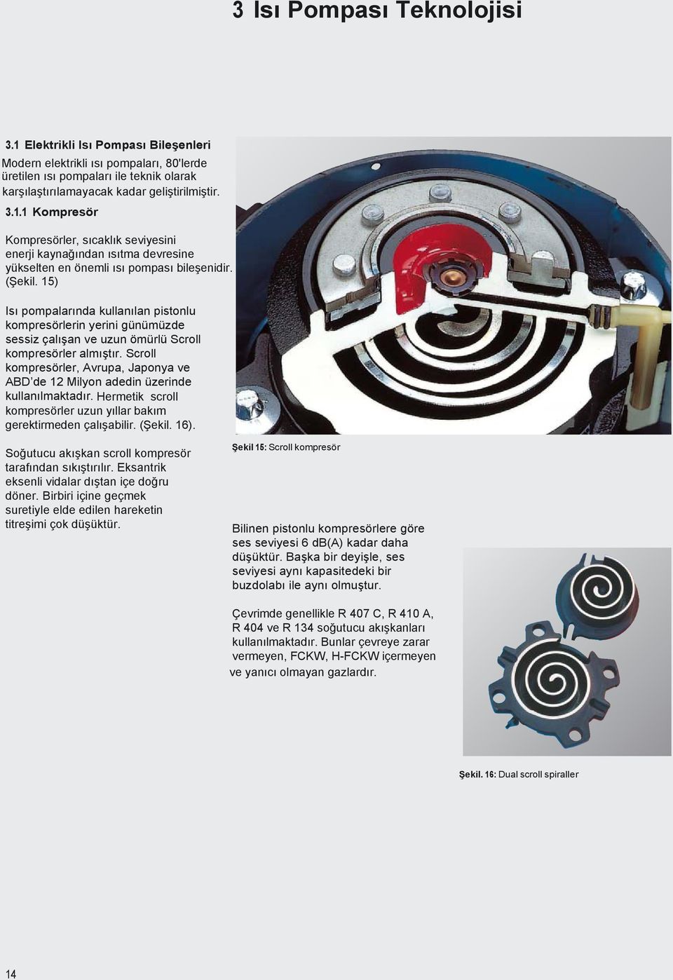 Scroll kompresörler, Avrupa, Japonya ve ABD de 12 Milyon adedin üzerinde kullanılmaktadır. Hermetik scroll kompresörler uzun yıllar bakım gerektirmeden çalışabilir. (Şekil. 16).