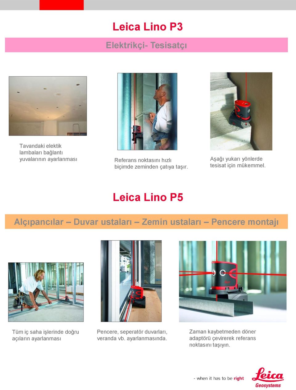 Leica Lino P5 Alçıpancılar Duvar ustaları Zemin ustaları Pencere montajı Tüm iç saha işlerinde doğru açıların