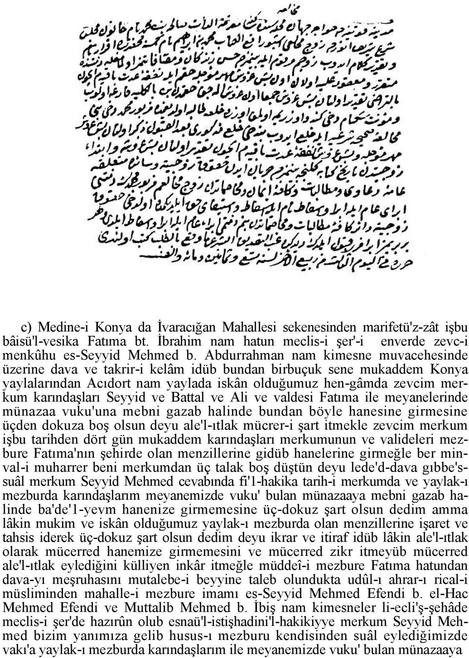 Seyyid ve Battal ve Ali ve valdesi Fatıma ile meyanelerinde münazaa vuku'una mebni gazab halinde bundan böyle hanesine girmesine üçden dokuza boş olsun deyu ale'l-ıtlak mücrer-i şart itmekle zevcim