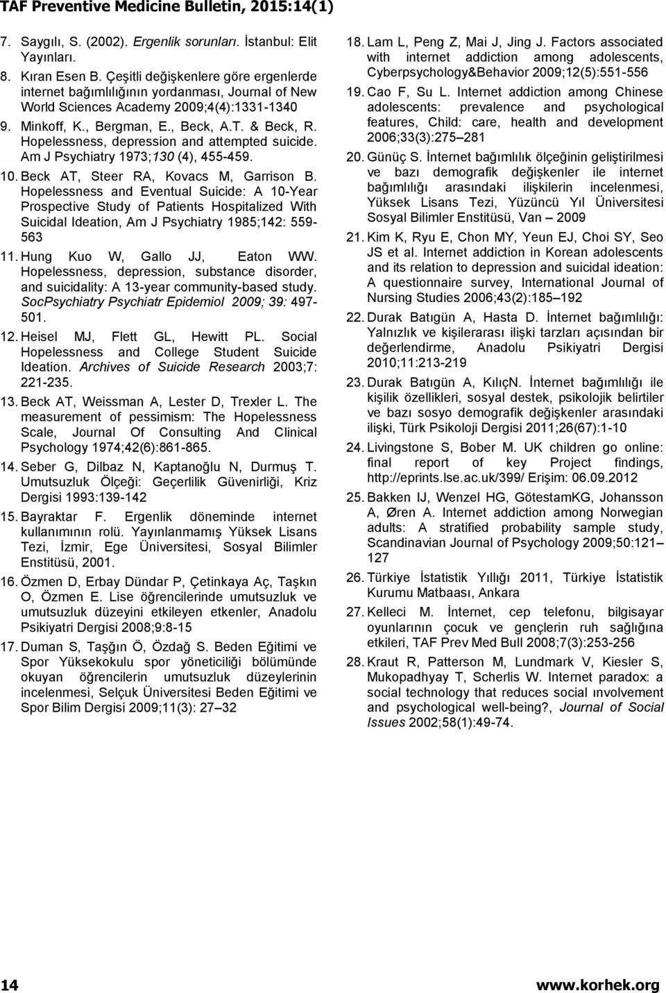 Hopelessness, depression and attempted suicide. Am J Psychiatry 1973;130 (4), 455-459. 10. Beck AT, Steer RA, Kovacs M, Garrison B.