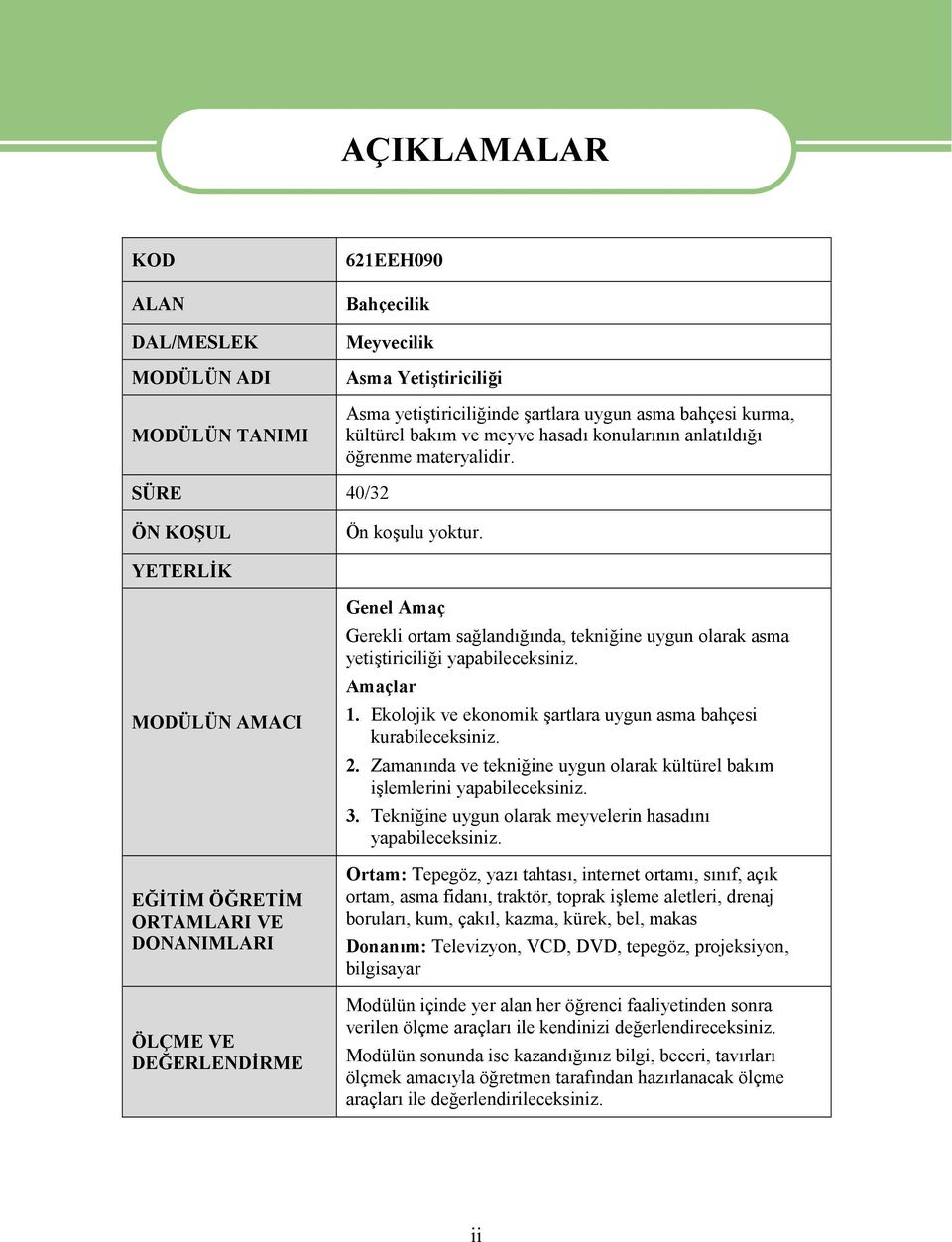 YETERLİK MODÜLÜN AMACI EĞİTİM ÖĞRETİM ORTAMLARI VE DONANIMLARI ÖLÇME VE DEĞERLENDİRME Genel Amaç Gerekli ortam sağlandığında, tekniğine uygun olarak asma yetiştiriciliği yapabileceksiniz. Amaçlar 1.