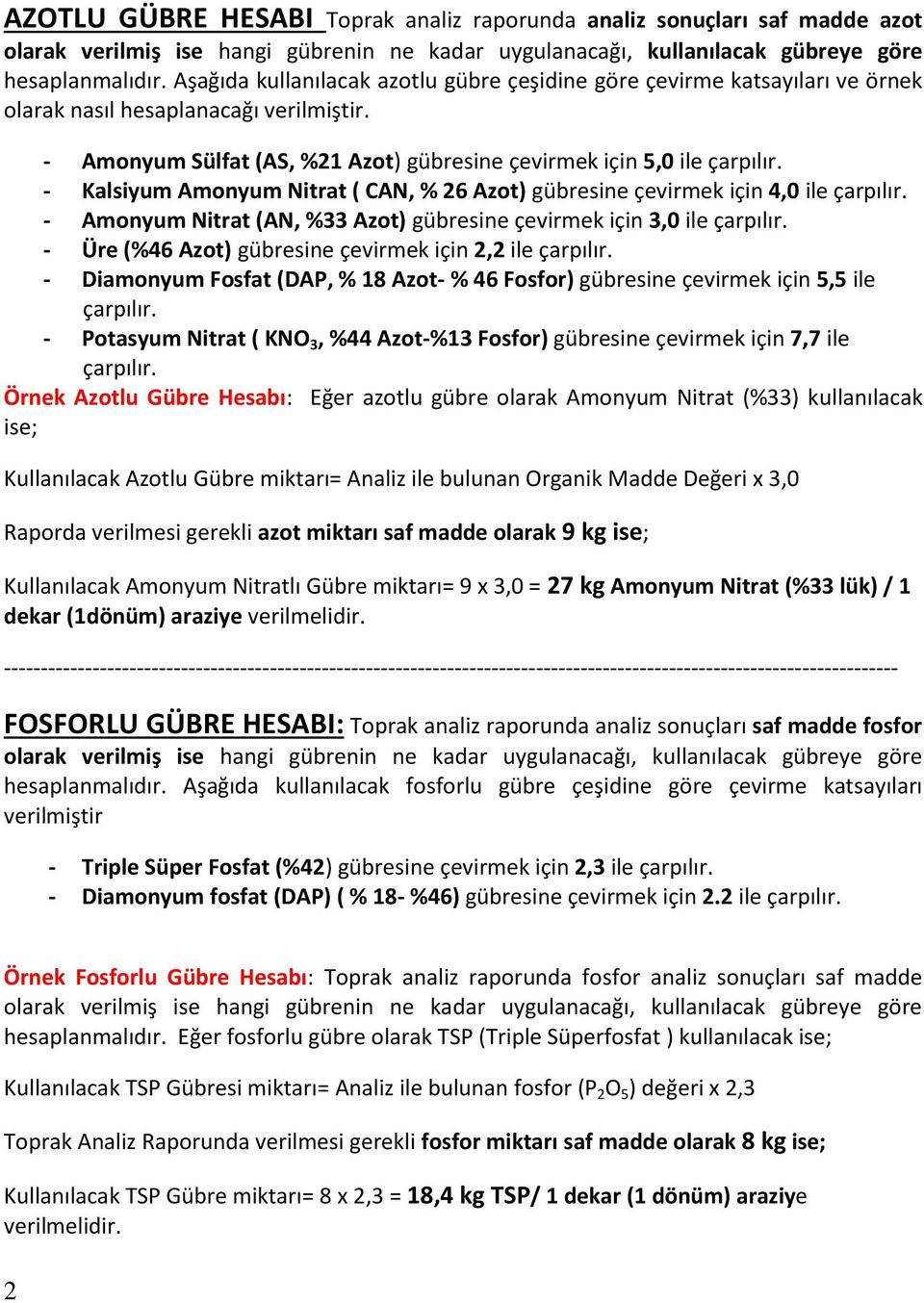 - Kalsiyum Amonyum Nitrat ( CAN, % 26 Azot) gübresine çevirmek için 4,0 ile çarpılır. - Amonyum Nitrat (AN, %33 Azot) gübresine çevirmek için 3,0 ile çarpılır.