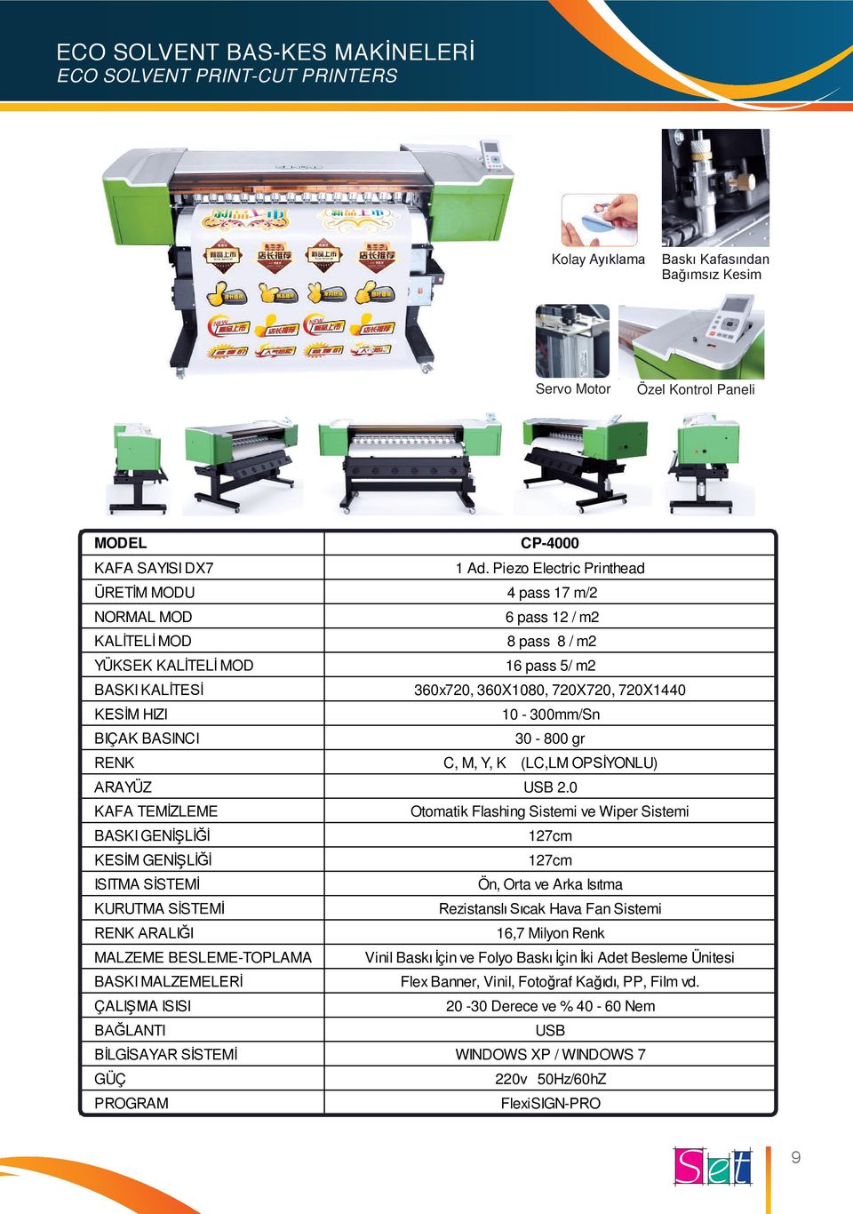 Piezo Electric Printhead ÜRETİM MODU 4 pass 17 m/2 NORMAL MOD 6 pass 12 / m2 KALİTELİ MOD 8 pass 8 / m2 YÜKSEK KALİTELİ MOD 16 pass 5/ m2 BASKI KALİTESİ 360x720, 360X1080, 720X720, 720X1440 KESİM