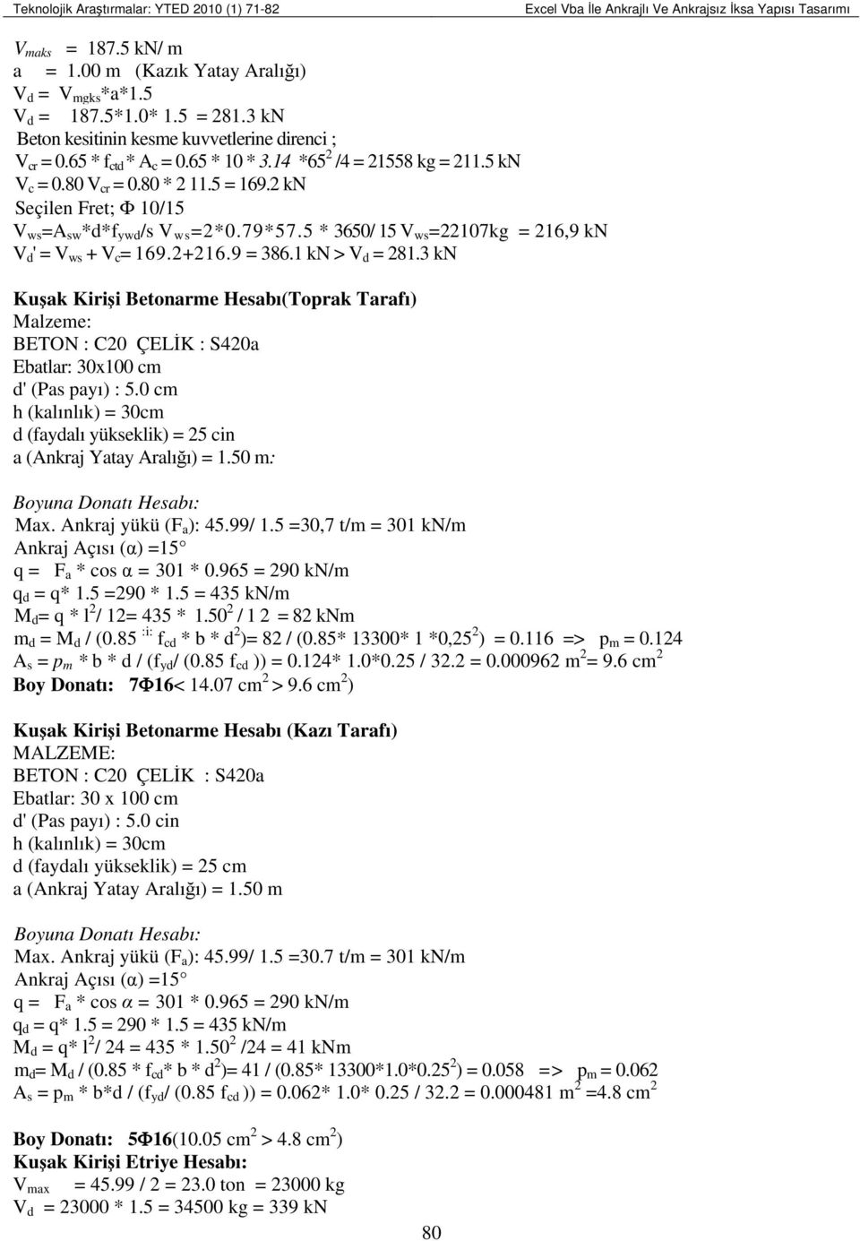 2 kn Seçilen Fret; Φ 10/15 V ws =A sw *d*f ywd /s V ws =2*0.79*57.5 * 3650/ 15 V ws =22107kg = 216,9 kn V d ' = V ws + V c = 169.2+216.9 = 386.1 kn > V d = 281.