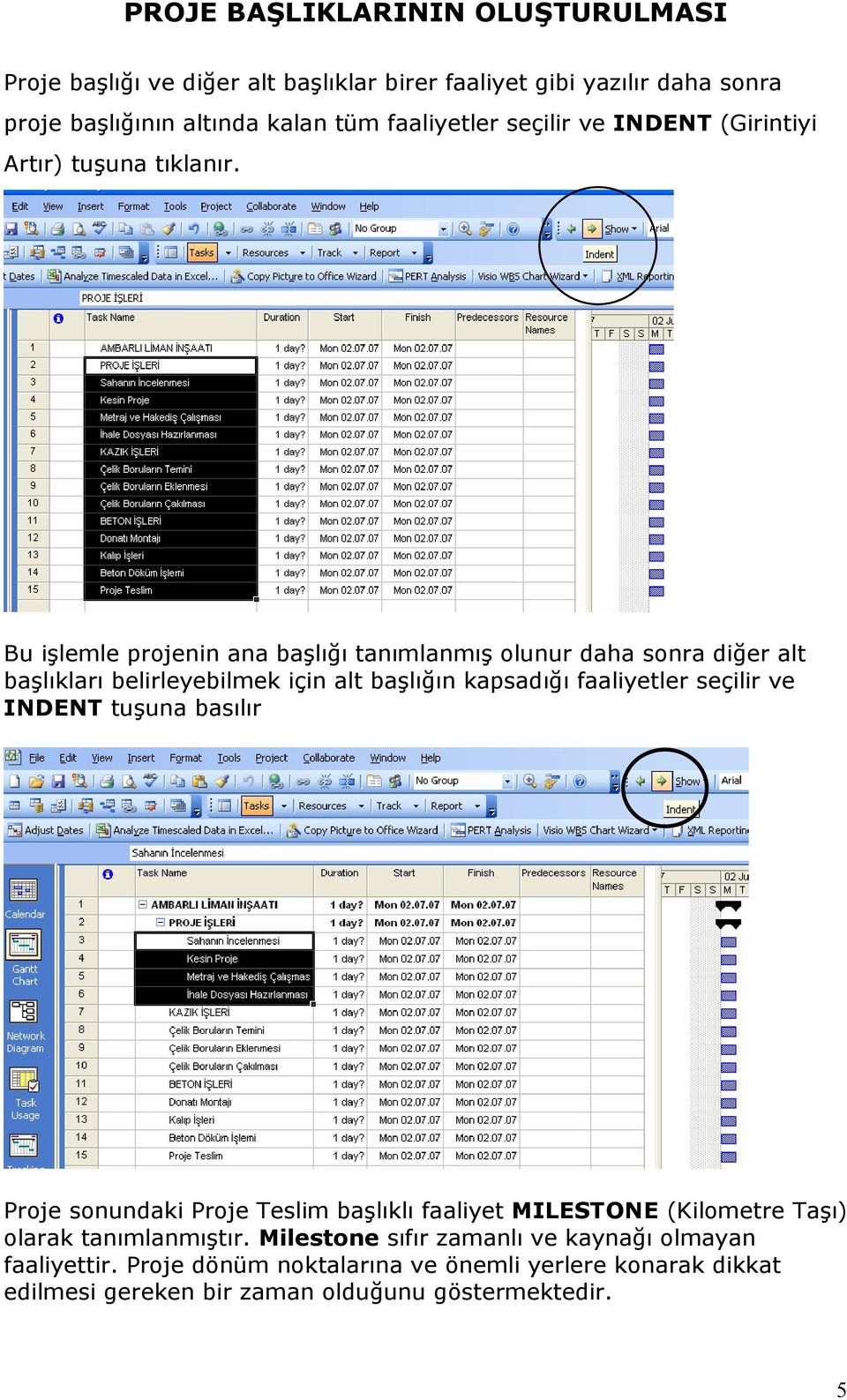 Bu işlemle projenin ana başlığı tanımlanmış olunur daha sonra diğer alt başlıkları belirleyebilmek için alt başlığın kapsadığı faaliyetler seçilir ve INDENT