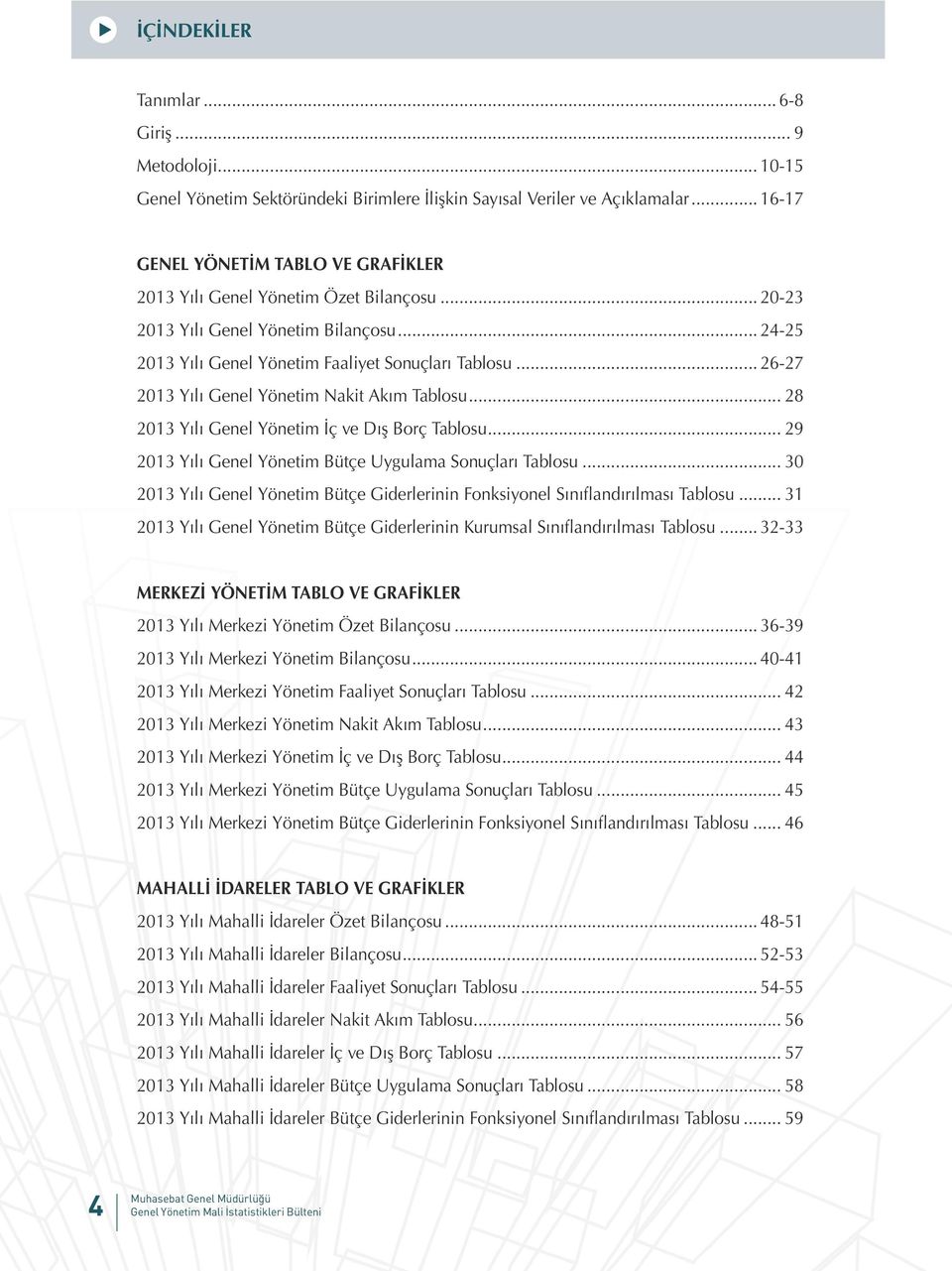 .. 26-27 2013 Yılı Genel Yönetim Nakit Akım Tablosu... 28 2013 Yılı Genel Yönetim İç ve Dış Borç Tablosu... 29 2013 Yılı Genel Yönetim Bütçe Uygulama Sonuçları Tablosu.