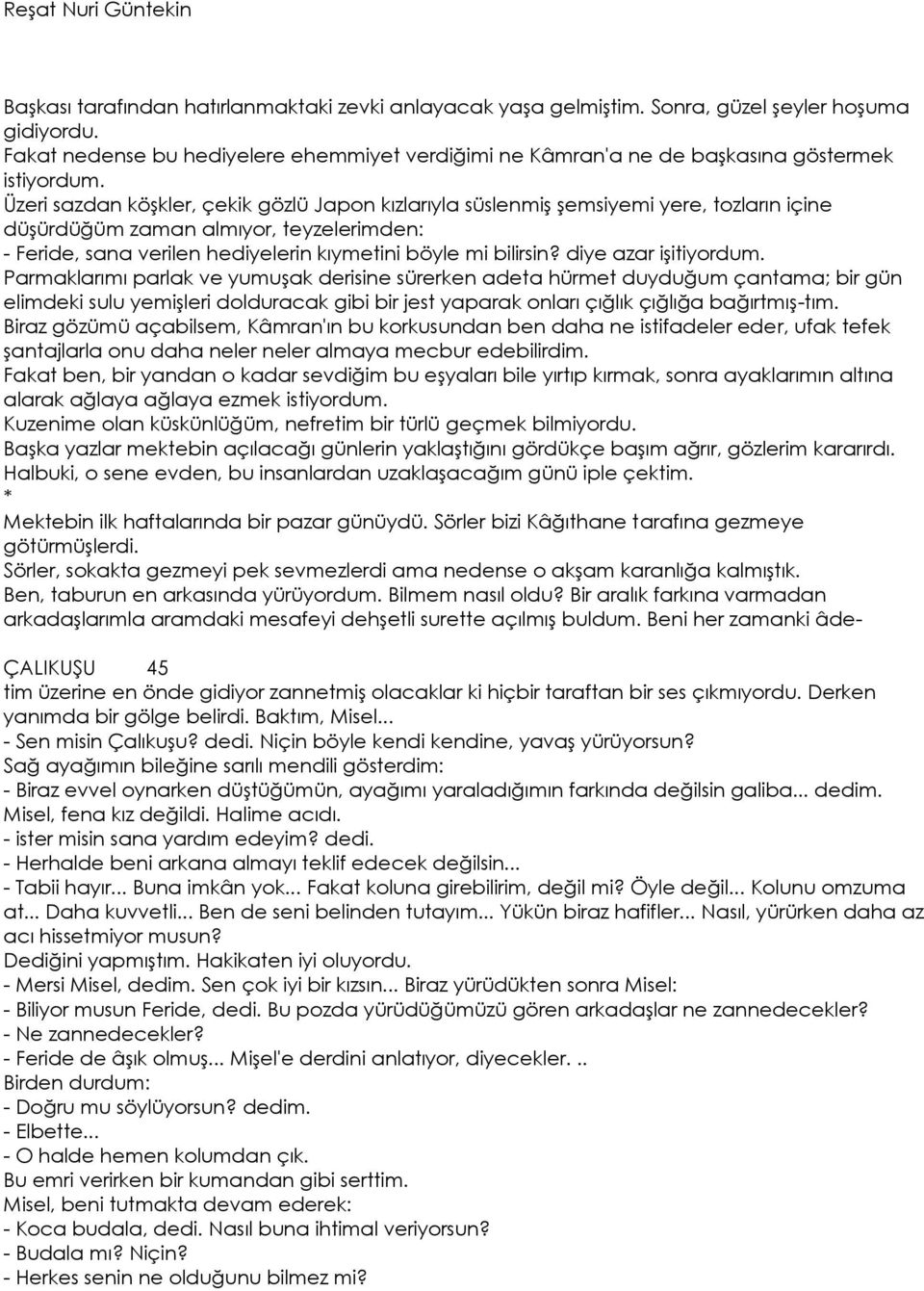 Üzeri sazdan köşkler, çekik gözlü Japon kızlarıyla süslenmiş şemsiyemi yere, tozların içine düşürdüğüm zaman almıyor, teyzelerimden: - Feride, sana verilen hediyelerin kıymetini böyle mi bilirsin?