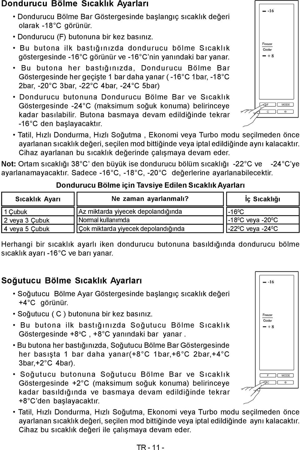 Bu butona her bastığınızda, Dondurucu Bölme Bar Göstergesinde her geçişte 1 bar daha yanar ( -16 C 1bar, -18 C 2bar, -20 C 3bar, -22 C 4bar, -24 C 5bar) Dondurucu butonuna Dondurucu Bölme Bar ve