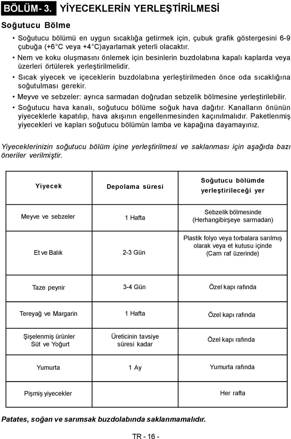 Sıcak yiyecek ve içeceklerin buzdolabına yerleştirilmeden önce oda sıcaklığına soğutulması gerekir. Meyve ve sebzeler: ayrıca sarmadan doğrudan sebzelik bölmesine yerleştirilebilir.