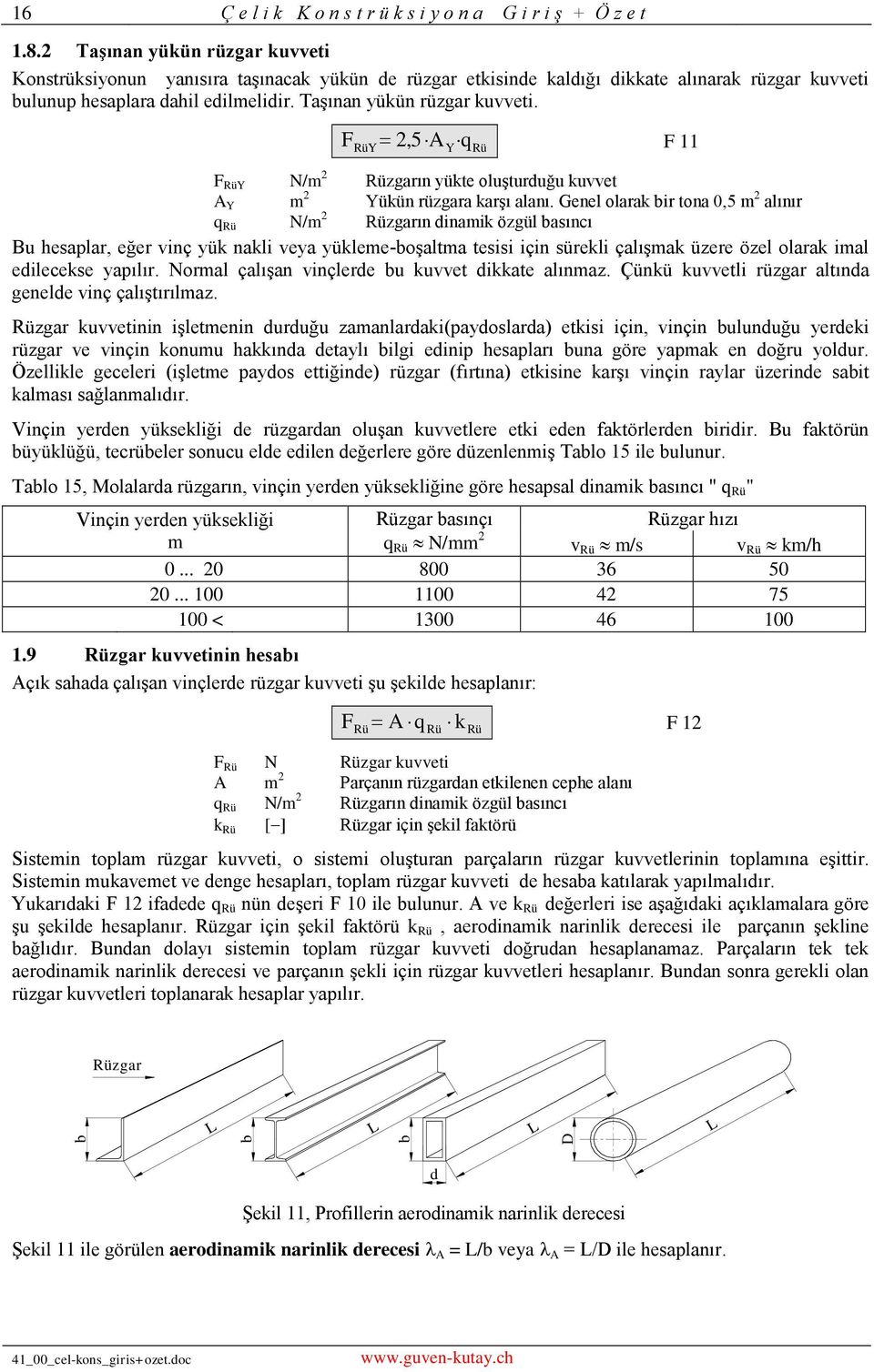 RüY,5 A q 11 RüY N/m Rüzgarın yükte oluşturduğu kuvvet A Y m Yükün rüzgara karşı alanı.