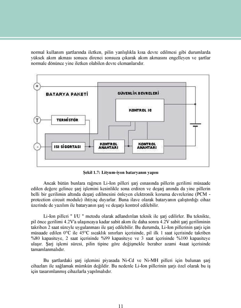 7: Lityum-iyon bataryanın yapısı Ancak bütün bunlara rağmen Li-Ion pilleri şarj esnasında pillerin gerilimi müsaade edilen değere gelince şarj işlemini kesinlikle sona erdiren ve deşarj anında da