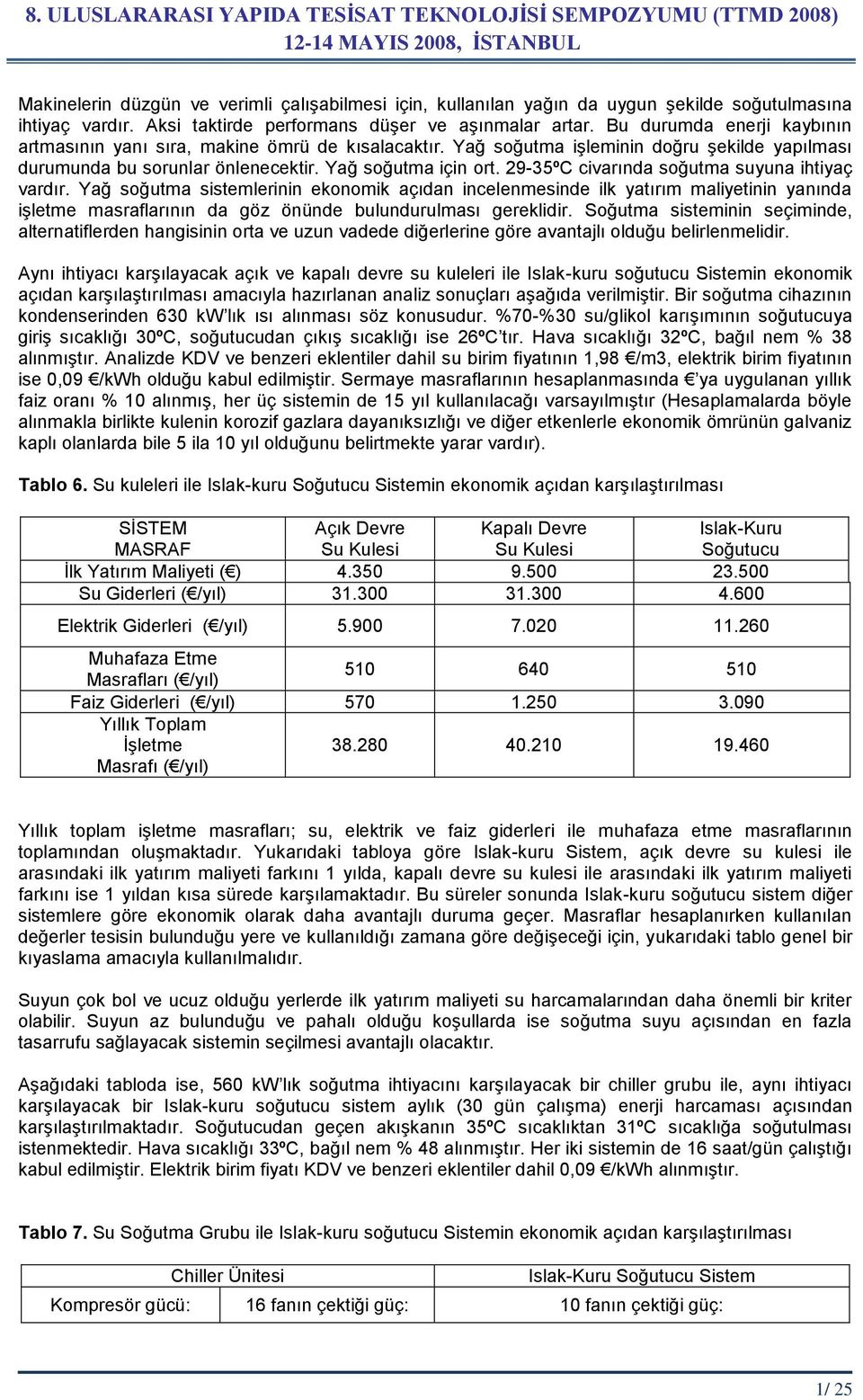 29-35ºC civarında soğutma suyuna ihtiyaç vardır. Yağ soğutma sistemlerinin ekonomik açıdan incelenmesinde ilk yatırım maliyetinin yanında iģletme masraflarının da göz önünde bulundurulması gereklidir.