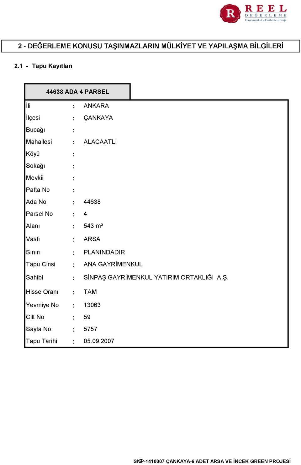 Vasfı Sınırı Tapu Cinsi Sahibi Hisse Oranı Yevmiye No Cilt No Sayfa No Tapu Tarihi ANKARA ÇANKAYA ALACAATLI 44638 4