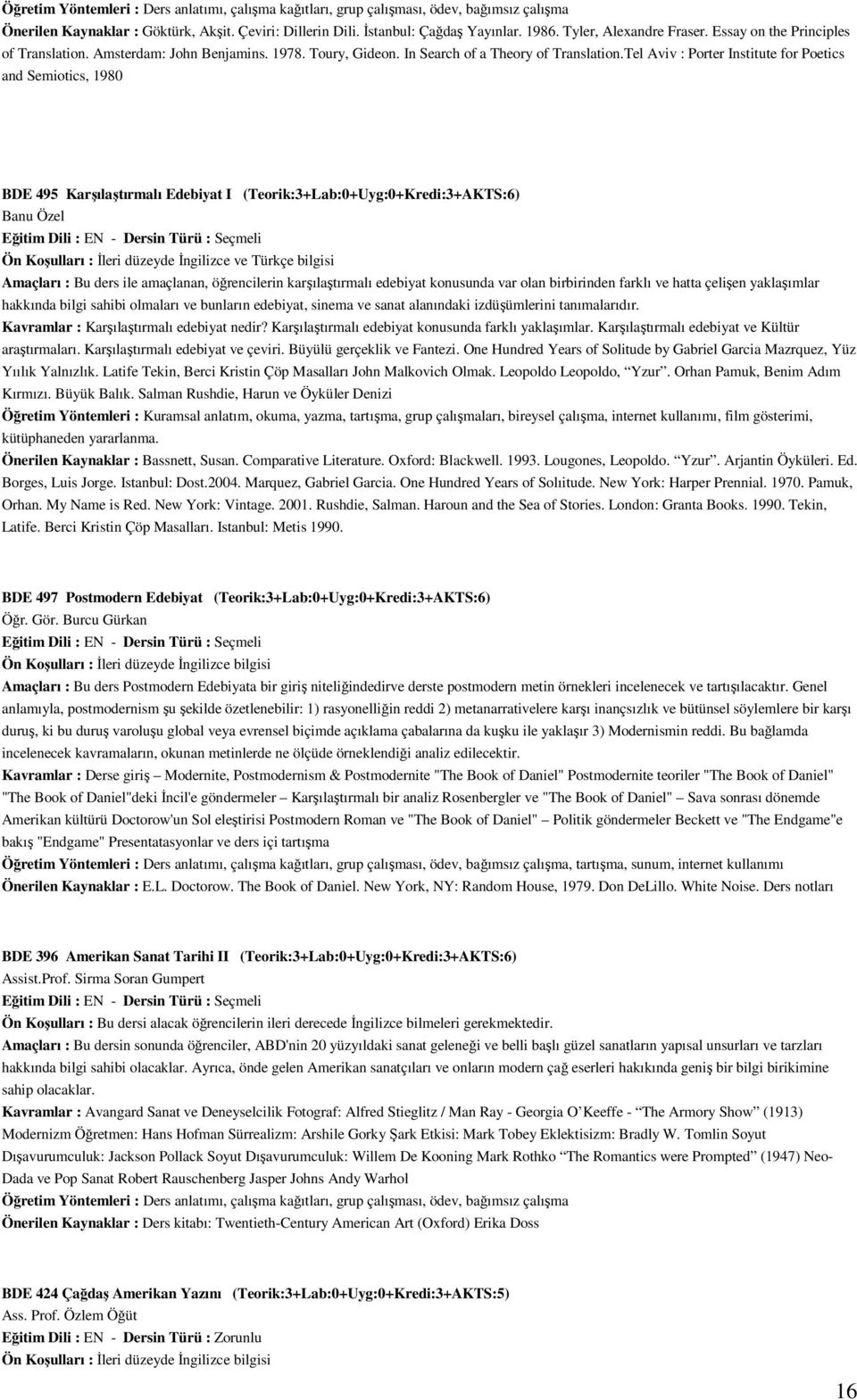 Tel Aviv : Porter Institute for Poetics and Semiotics, 1980 BDE 495 Karşılaştırmalı Edebiyat I (Teorik:3+Lab:0+Uyg:0+Kredi:3+AKTS:6) Banu Özel Eğitim Dili : EN - Dersin Türü : Seçmeli İleri düzeyde
