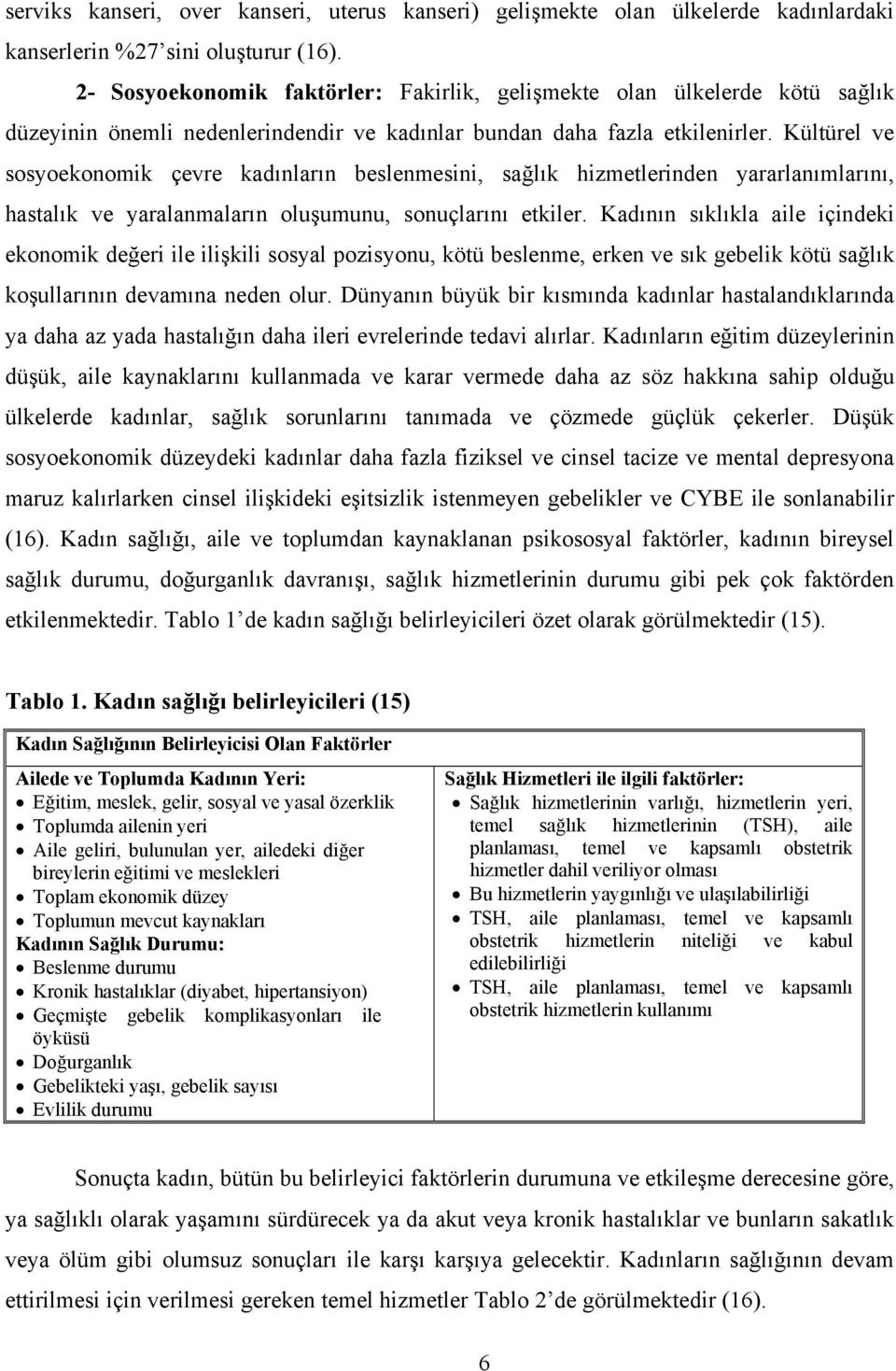 Kültürel ve sosyoekonomik çevre kadınların beslenmesini, sağlık hizmetlerinden yararlanımlarını, hastalık ve yaralanmaların oluşumunu, sonuçlarını etkiler.