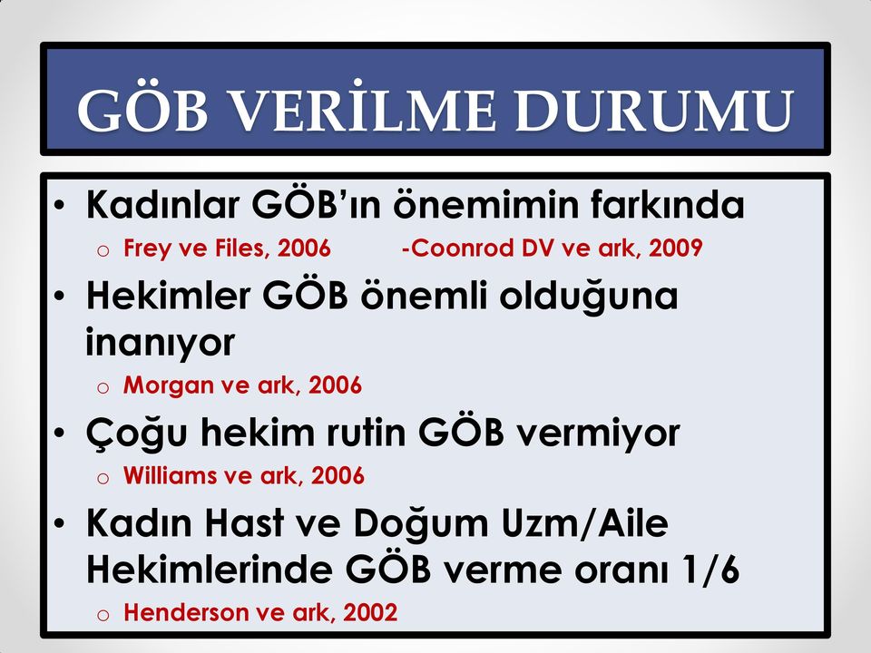 ark, 2006 Çoğu hekim rutin GÖB vermiyor o Williams ve ark, 2006 Kadın Hast