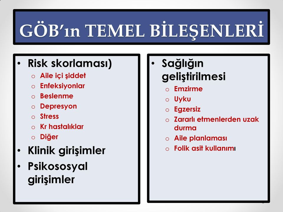 Klinik girişimler Psikososyal girişimler Sağlığın geliştirilmesi o Emzirme