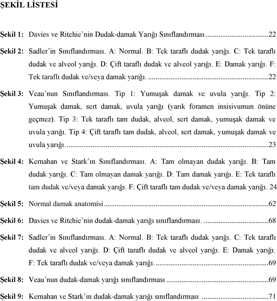 Tip 2: Yumuşak damak, sert damak, uvula yarığı (yarık foramen insisivumun önüne geçmez). Tip 3: Tek taraflı tam dudak, alveol, sert damak, yumuşak damak ve uvula yarığı.