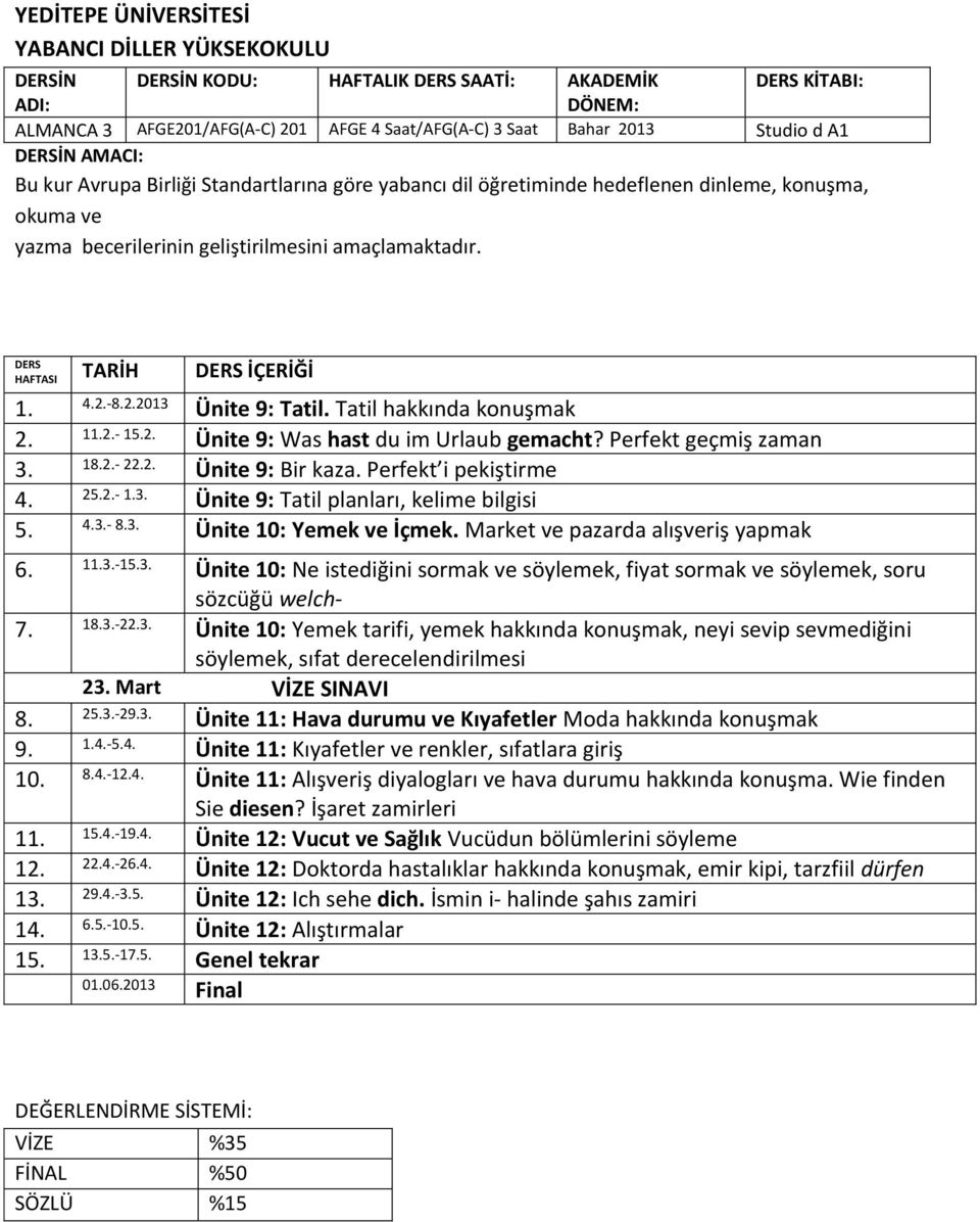 Perfekt i pekiştirme 2- Ünite 9: Tatil planları, kelime bilgisi - Ünite 10: Yemek ve İçmek.