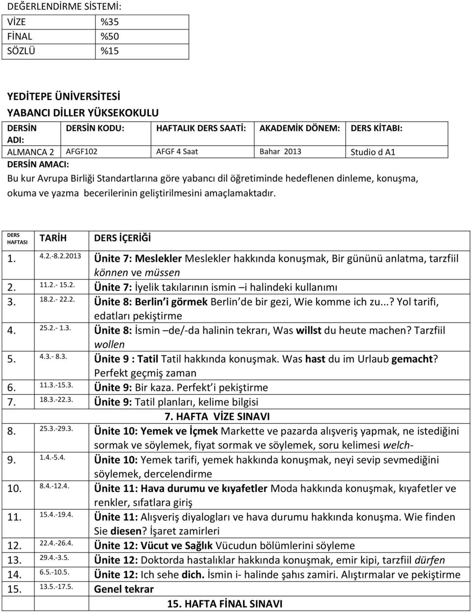 ..? Yol tarifi, edatları pekiştirme 2- Ünite 8: İsmin de/-da halinin tekrarı, Was willst du heute machen? Tarzfiil wollen - Ünite 9 : Tatil Tatil hakkında konuşmak. Was hast du im Urlaub gemacht?