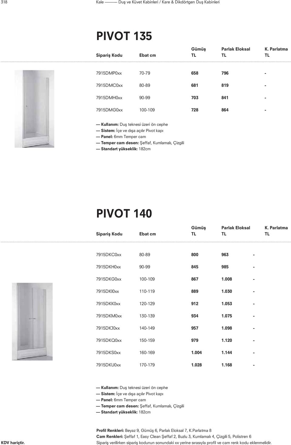 Pivot kapı Panel: 6mm Temper cam Temper cam desen: fieffaf, Kumlamalı, Çizgili Standart yükseklik: 182cm PIVOT 140 Gümüş Parlak Eloksal K.