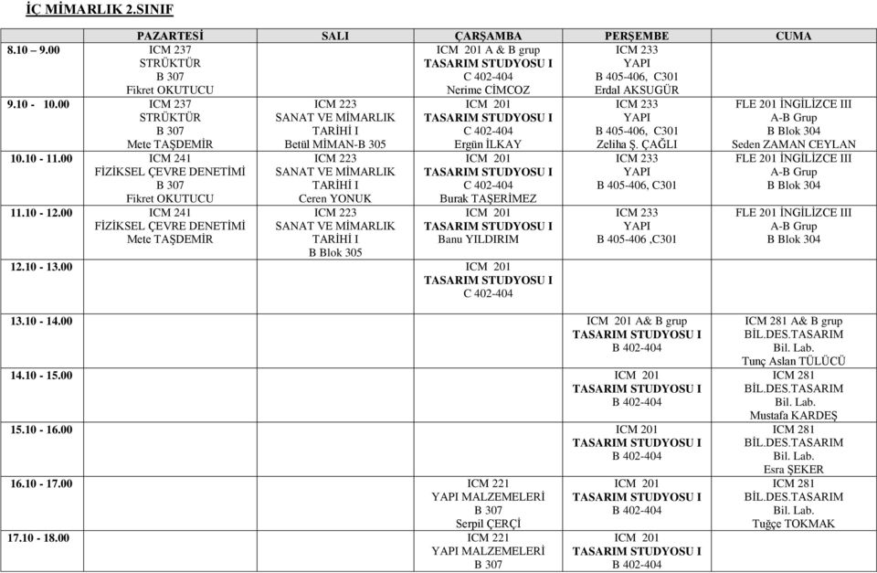 ICM 223 TARİHİ I B Blok 305 C 402-404 Ergün İLKAY C 402-404 12.10-13.00 C 402-404 ICM 233-406, C301 Zeliha Ş.