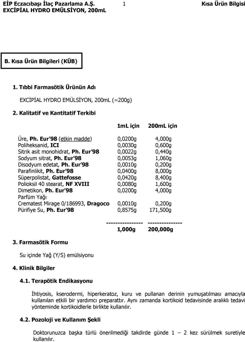 Eur 98 0,0010g 0,200g Parafinlikit, Ph. Eur 98 0,0400g 8,000g Süperpolistat, Gattefosse 0,0420g 8,400g Polioksil 40 stearat, NF XVIII 0,0080g 1,600g Dimetikon, Ph.