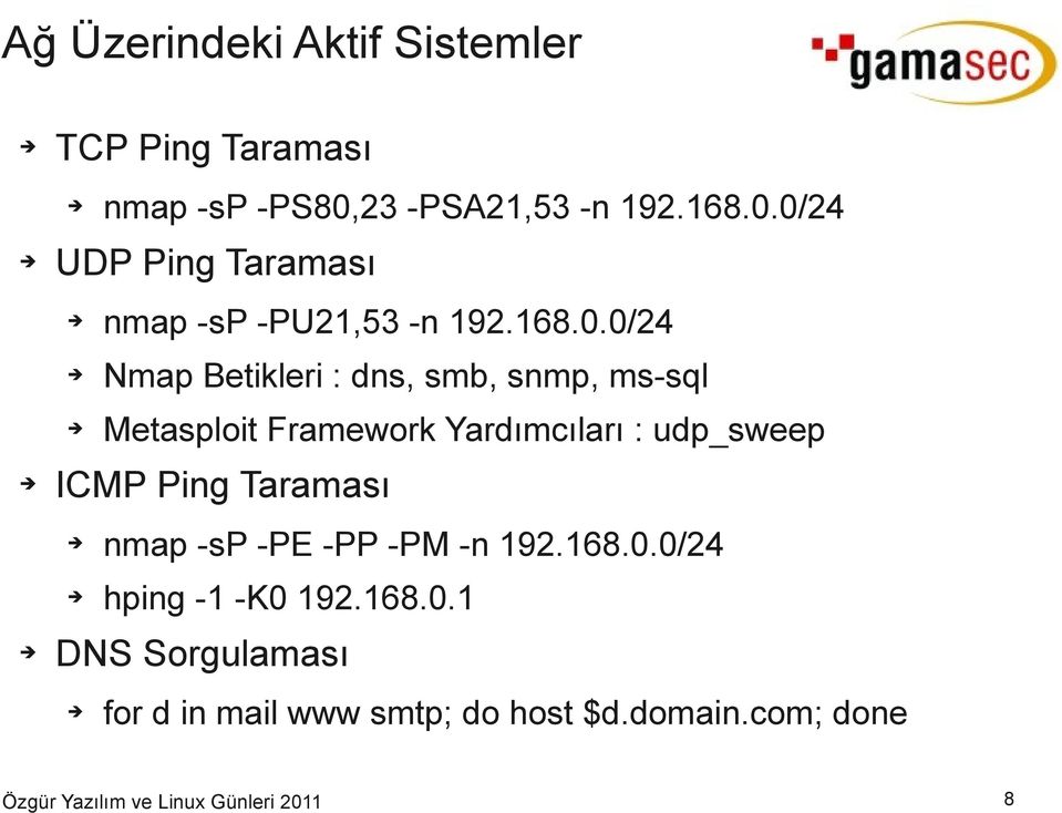 0/24 UDP Ping Taraması nmap -sp -PU21,53 -n 192.168.0.0/24 Nmap Betikleri : dns, smb, snmp,
