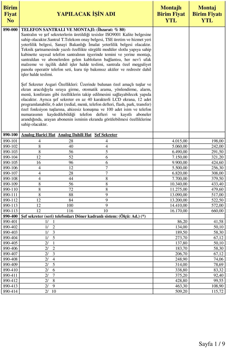 Teknik artnamesinde yazılı özellikte sürgülü modüler slotlu yapıya sahip kabinette sayısal telefon santralının iyerinde temini ve yerine montajı, santraldan ve abonelerden gelen kabloların balantısı,