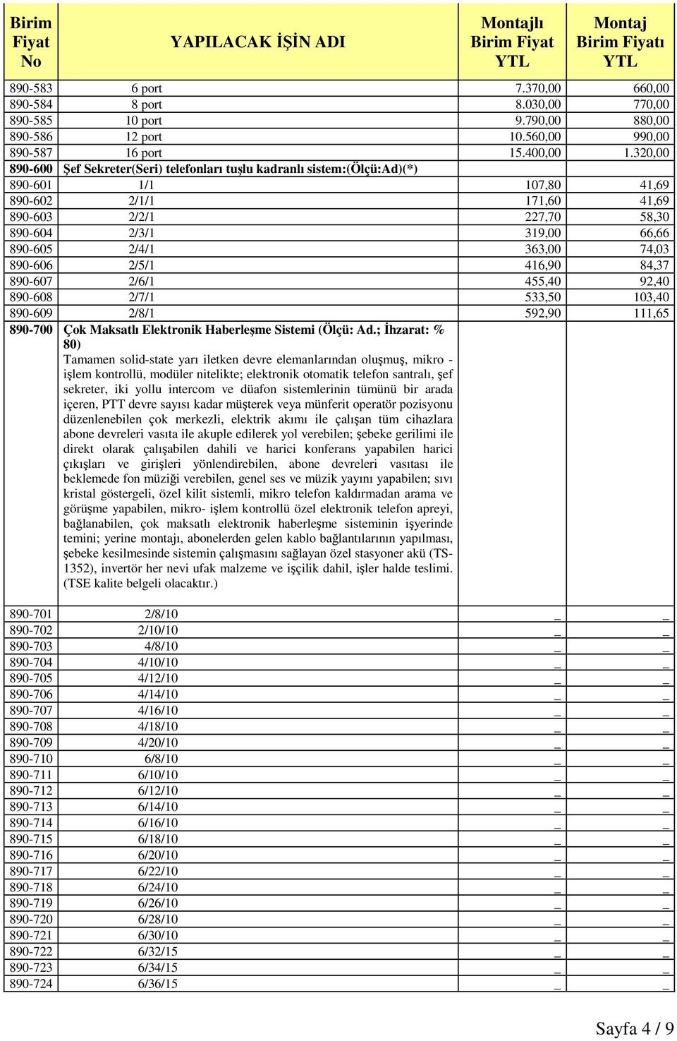 363,00 74,03 890-606 2/5/1 416,90 84,37 890-607 2/6/1 455,40 92,40 890-608 2/7/1 533,50 103,40 890-609 2/8/1 592,90 111,65 890-700 Çok Maksatlı Elektronik Haberleme Sistemi (Ölçü: Ad.