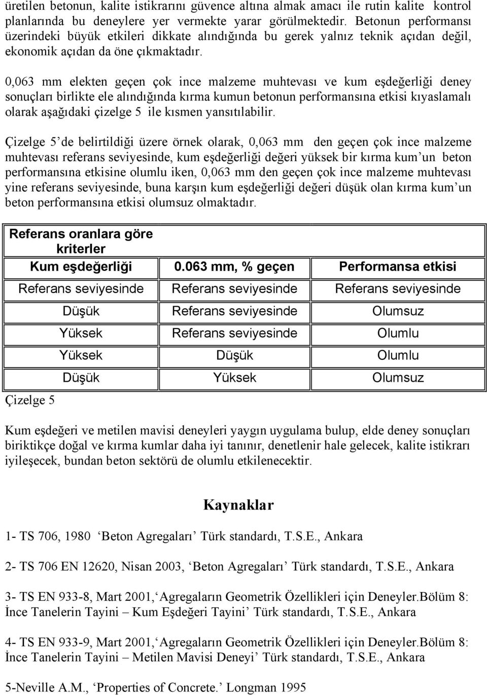 0,063 mm elekten geçen çok ince malzeme muhtevası ve kum eşdeğerliği deney sonuçları birlikte ele alındığında kırma kumun betonun performansına etkisi kıyaslamalı olarak aşağıdaki çizelge 5 ile