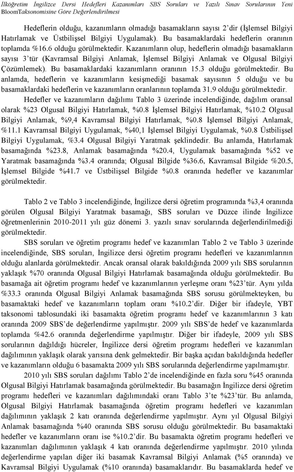 ın olup, hedeflerin olmadığı basamakların sayısı 3 tür (Kavramsal Bilgiyi Anlamak, İşlemsel Bilgiyi Anlamak ve Olgusal Bilgiyi Çözümlemek). Bu basamaklardaki kazanımların oranının 15.