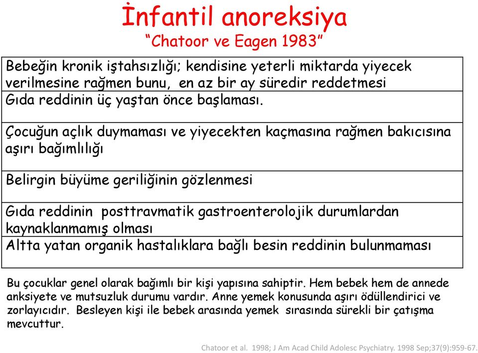 Çocuğun açlık duymaması ve yiyecekten kaçmasına rağmen bakıcısına aşırı bağımlılığı Belirgin büyüme geriliğinin gözlenmesi Gıda reddinin posttravmatik gastroenterolojik durumlardan kaynaklanmamış