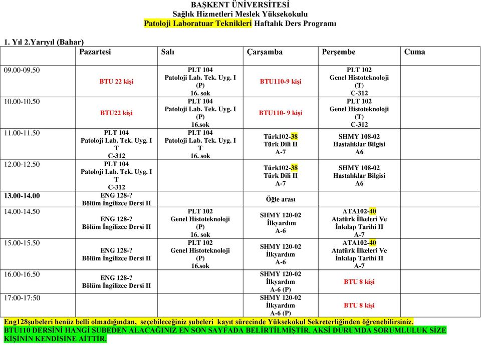 sok PLT 104 Patoloji Lab. Tek. Uyg. I T PLT 102 Genel Histoteknoloji PLT 102 Genel Histoteknoloji 16.