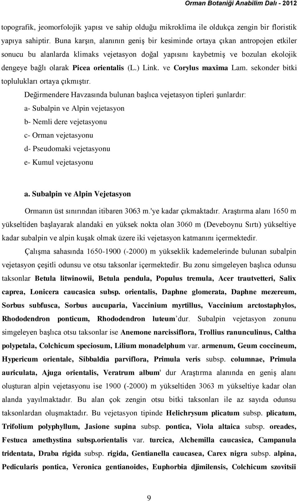 ) Link. ve Corylus maxima Lam. sekonder bitki toplulukları ortaya çıkmıştır.