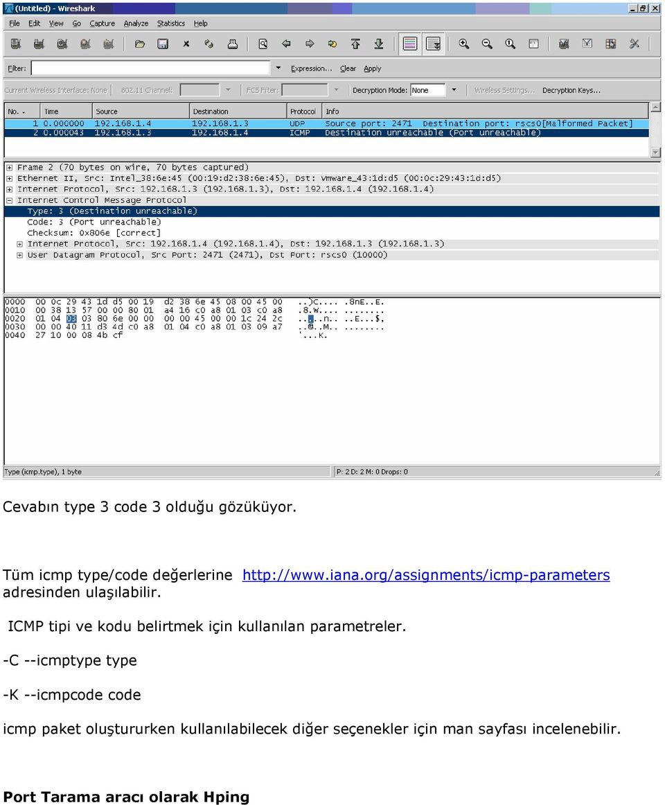 ICMP tipi ve kodu belirtmek için kullanılan parametreler.