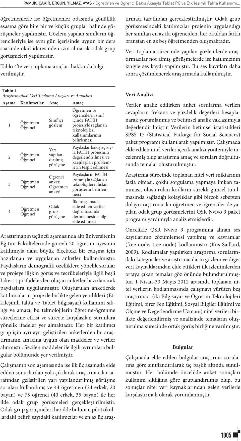 Gözlem yapılan sınıfların öğrencileriyle ise aynı gün içerisinde uygun bir ders saatinde okul idaresinden izin alınarak odak grup görüşmeleri yapılmıştır.