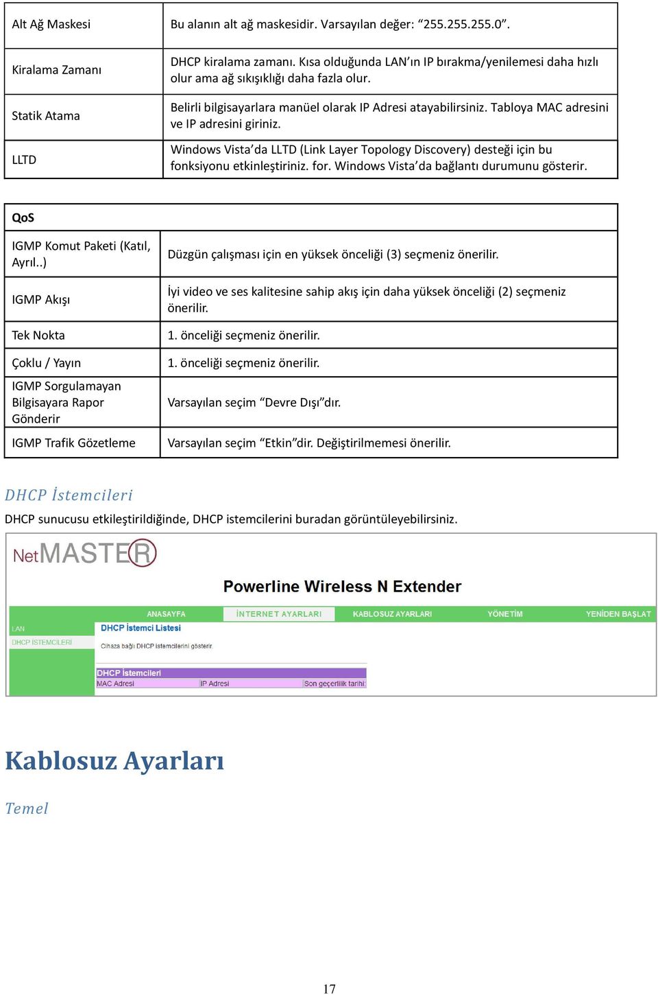 Tabloya MAC adresini ve IP adresini giriniz. Windows Vista da LLTD (Link Layer Topology Discovery) desteği için bu fonksiyonu etkinleştiriniz. for. Windows Vista da bağlantı durumunu gösterir.