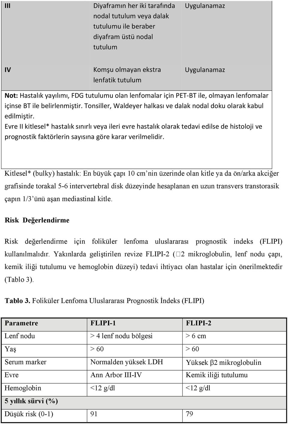 Evre II kitlesel* hastalık sınırlı veya ileri evre hastalık olarak tedavi edilse de histoloji ve prognostik faktörlerin sayısına göre karar verilmelidir.