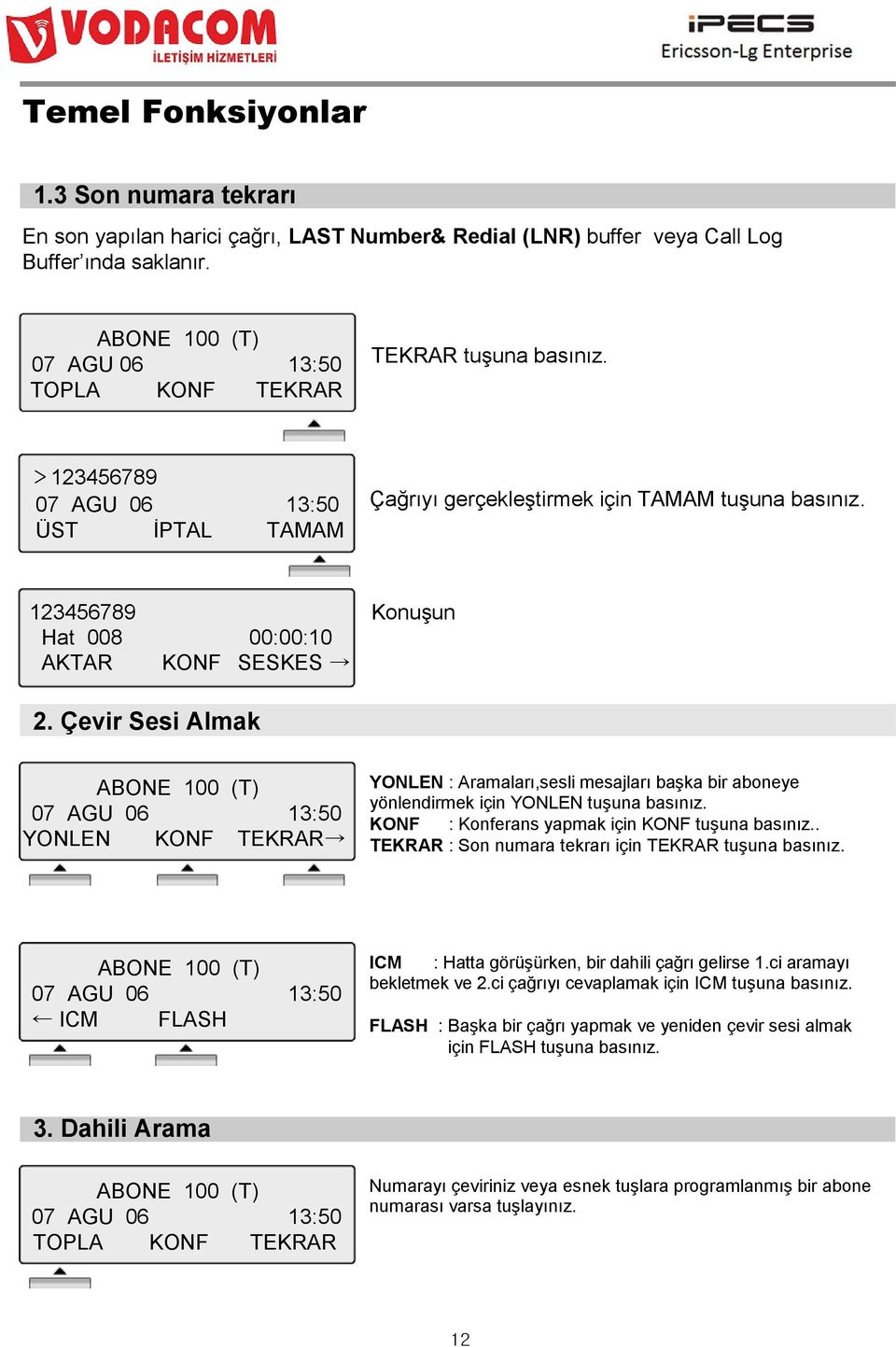 Çevir Sesi Almak ABONE 100 (T) 07 AGU 06 13:50 YONLEN KONF TEKRAR YONLEN : Aramaları,sesli mesajları baģka bir aboneye yönlendirmek için YONLEN KONF : Konferans yapmak için KONF.