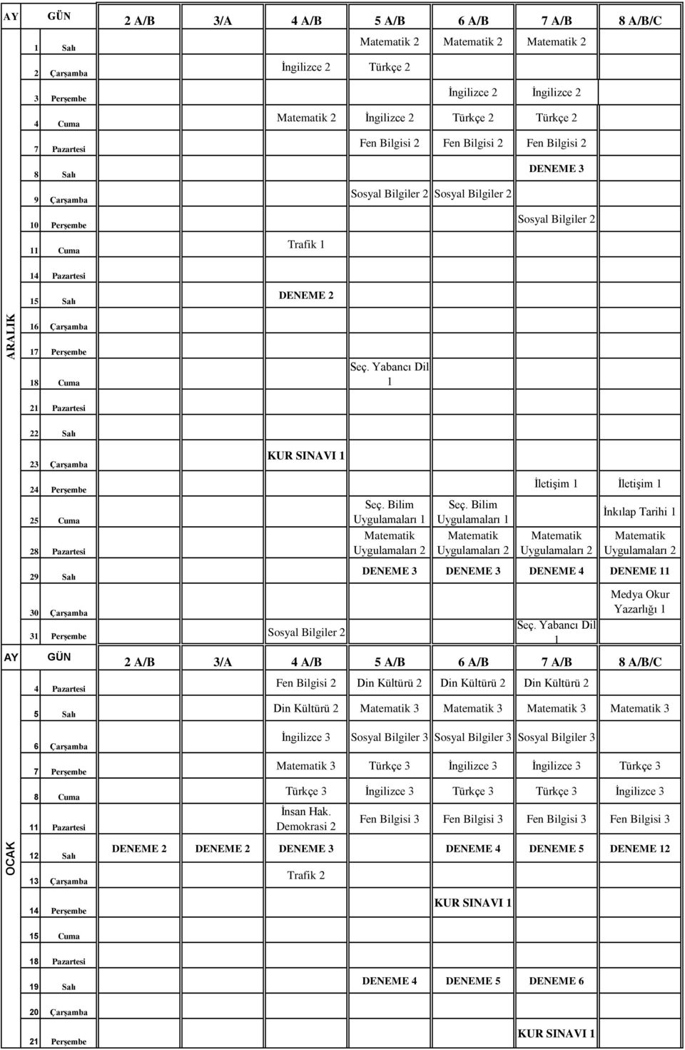 Yabancı Dil 2 Pazartesi 22 Salı 23 Çarşamba 24 Perşembe 25 Cuma 28 Pazartesi 29 Salı 30 Çarşamba KUR SINAVI 3 Perşembe Sosyal Bilgiler 2 İletişim İletişim İnkılap Tarihi DENEME 3 DENEME 3 DENEME 4