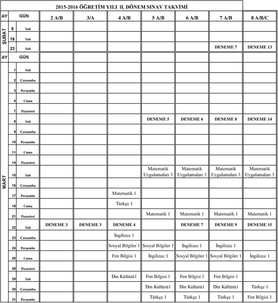 Çarşamba 0 Perşembe Cuma MART 4 Pazartesi 5 Salı 6 Çarşamba 7 Perşembe 8 Cuma Türkçe 2 Pazartesi 22 Salı 23 Çarşamba 24 Perşembe 25 Cuma DENEME 3 DENEME 3 DENEME 4