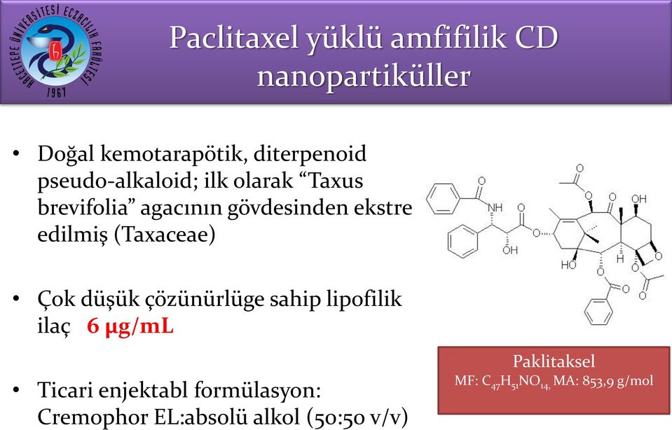 (Taxaceae) Çok düşük çözünürlüge sahip lipofilik ilaç 6 μg/ml Ticari enjektabl
