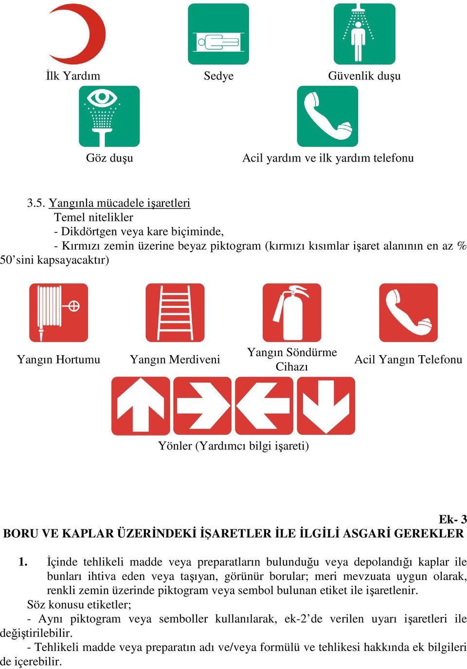 Yangın Merdiveni Yangın Söndürme Cihazı Acil Yangın Telefonu Yönler (Yardımcı bilgi işareti) Ek- 3 BORU VE KAPLAR ÜZERİNDEKİ İŞARETLER İLE İLGİLİ ASGARİ GEREKLER 1.