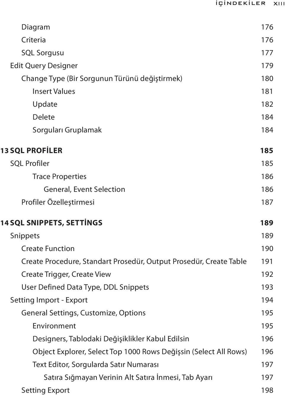 Standart Prosedür, Output Prosedür, Create Table 191 Create Trigger, Create View 192 User Defined Data Type, DDL Snippets 193 Setting Import - Export 194 General Settings, Customize, Options 195
