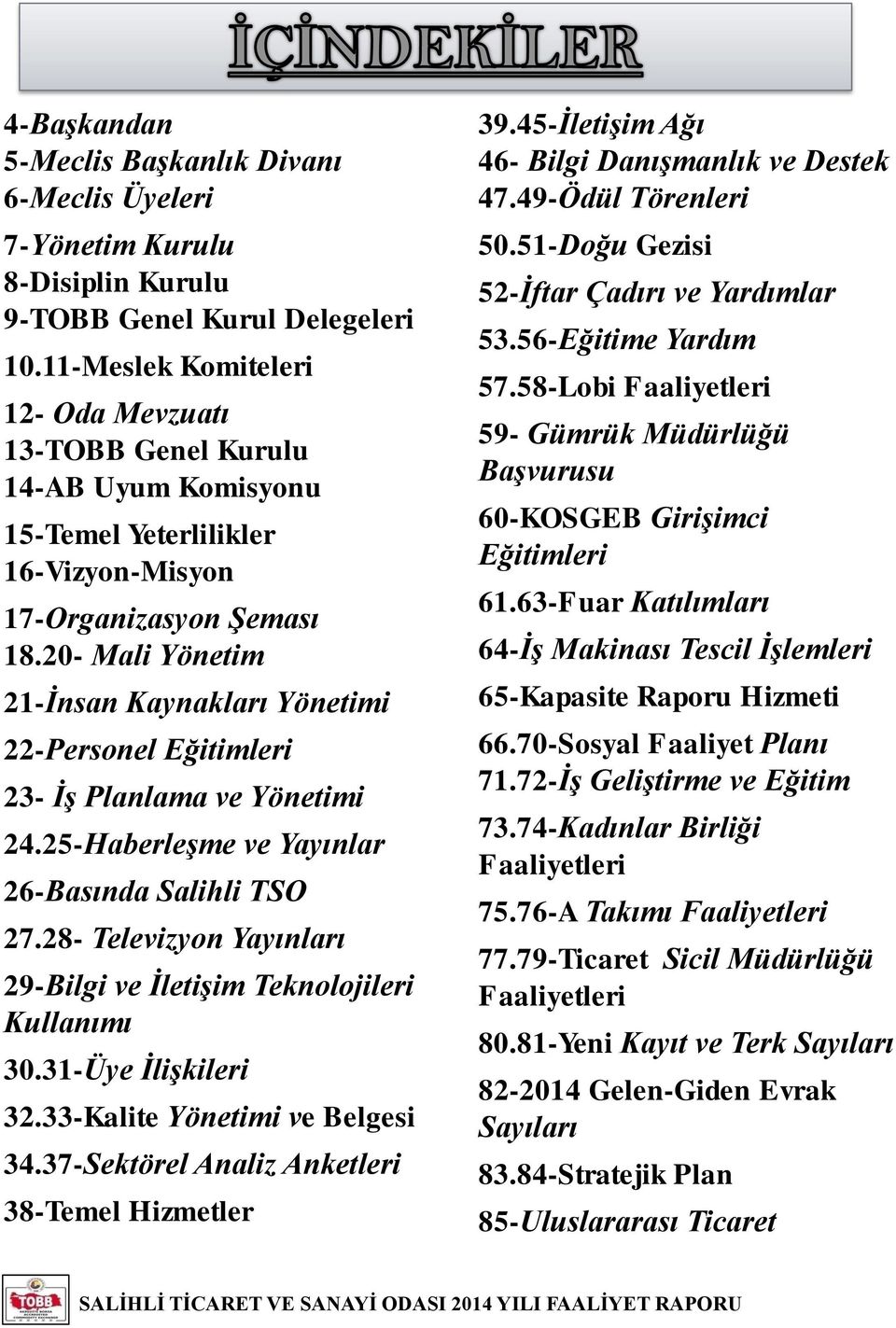 20- Mali Yönetim 21-İnsan Kaynakları Yönetimi 22-Personel Eğitimleri 23- İş Planlama ve Yönetimi 24.25-Haberleşme ve Yayınlar 26-Basında Salihli TSO 27.