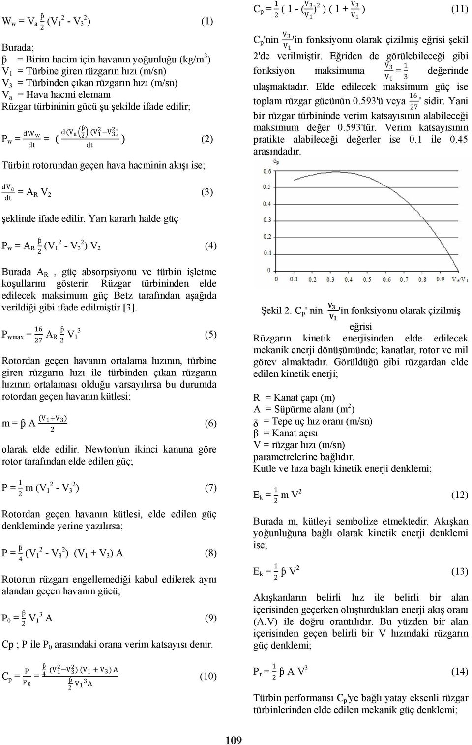 fonksiyonu olarak çizilmiş eğrisi şekil 2'de verilmiştir. Eğriden de görülebileceği gibi V 3 = 1 3 fonksiyon maksimuma değerinde ulaşmaktadır. Elde edilecek maksimum güç ise toplam rüzgar gücünün 0.