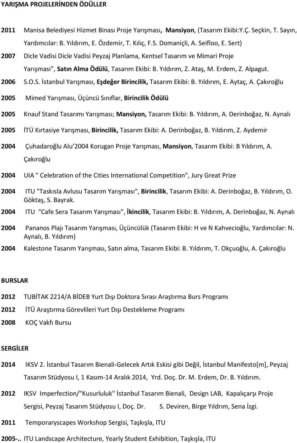 Yıldırım, E. Aytaç, A. Çakıroğlu 2005 Mimed Yarışması, Üçüncü Sınıflar, Birincilik Ödülü 2005 Knauf Stand Tasarımı Yarışması; Mansiyon, Tasarım Ekibi: B. Yıldırım, A. Derinboğaz, N.