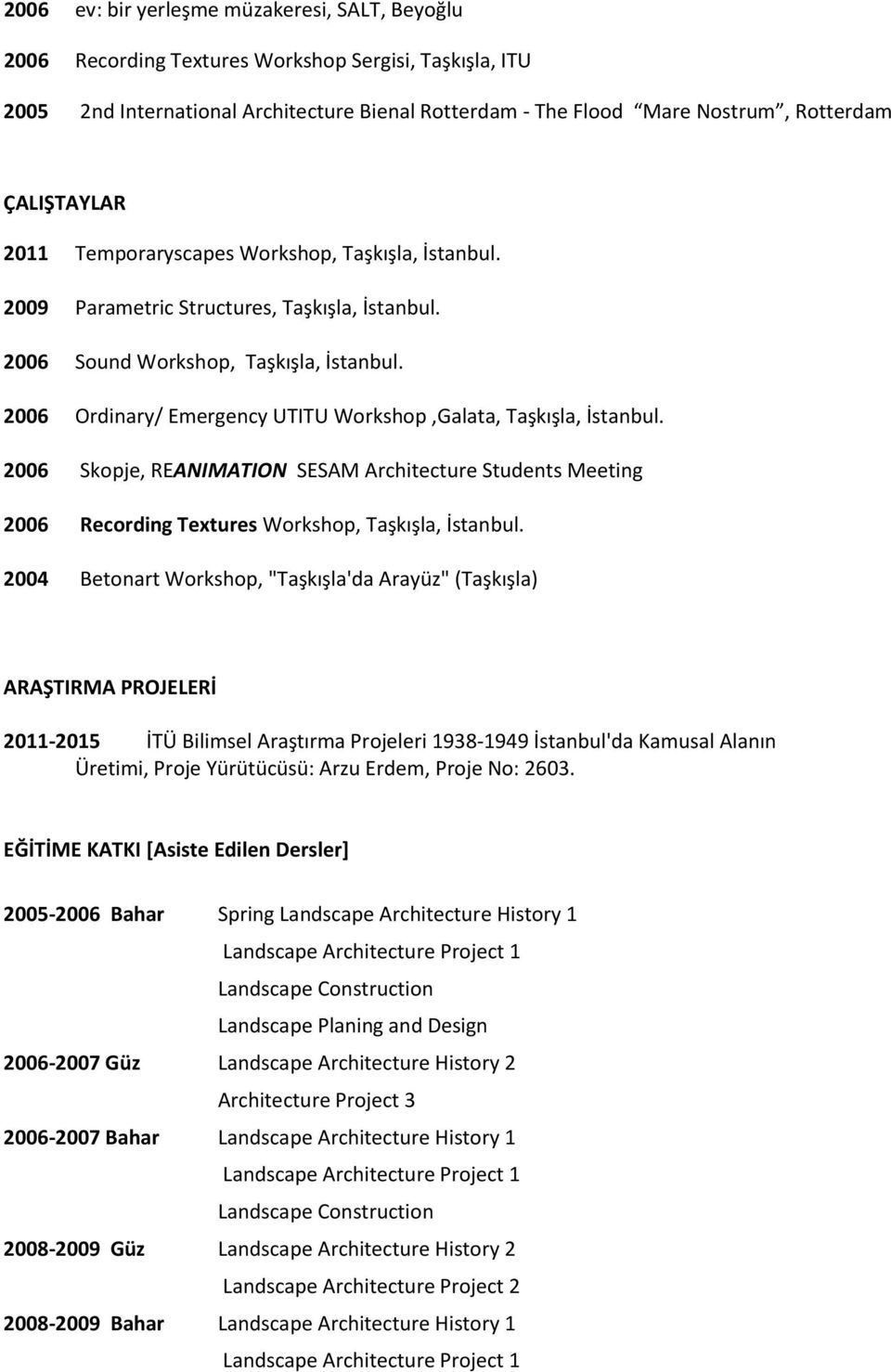 2006 Ordinary/ Emergency UTITU Workshop,Galata, Taşkışla, İstanbul. 2006 Skopje, REANIMATION SESAM Architecture Students Meeting 2006 Recording Textures Workshop, Taşkışla, İstanbul.