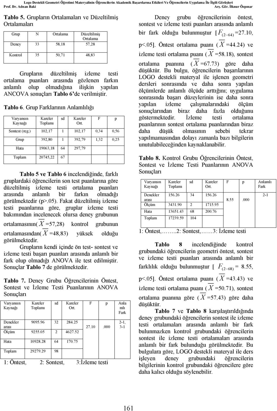 gözlenen farkın anlamlı olup olmadığına ilişkin yapılan ANCOVA sonuçları Tablo 6 